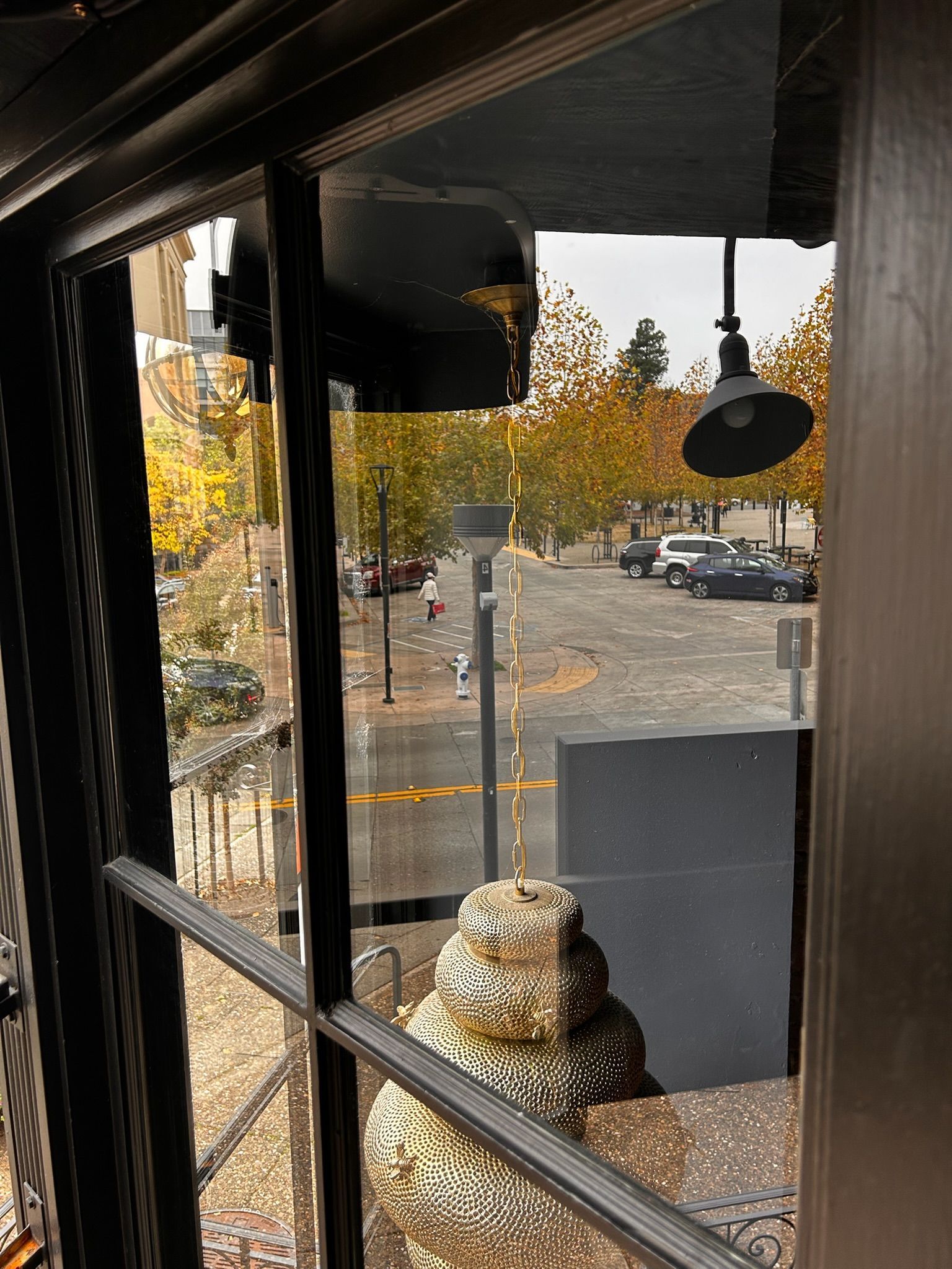 View from window of street scene: wet pavement, parked cars, fall foliage, and a hanging light.