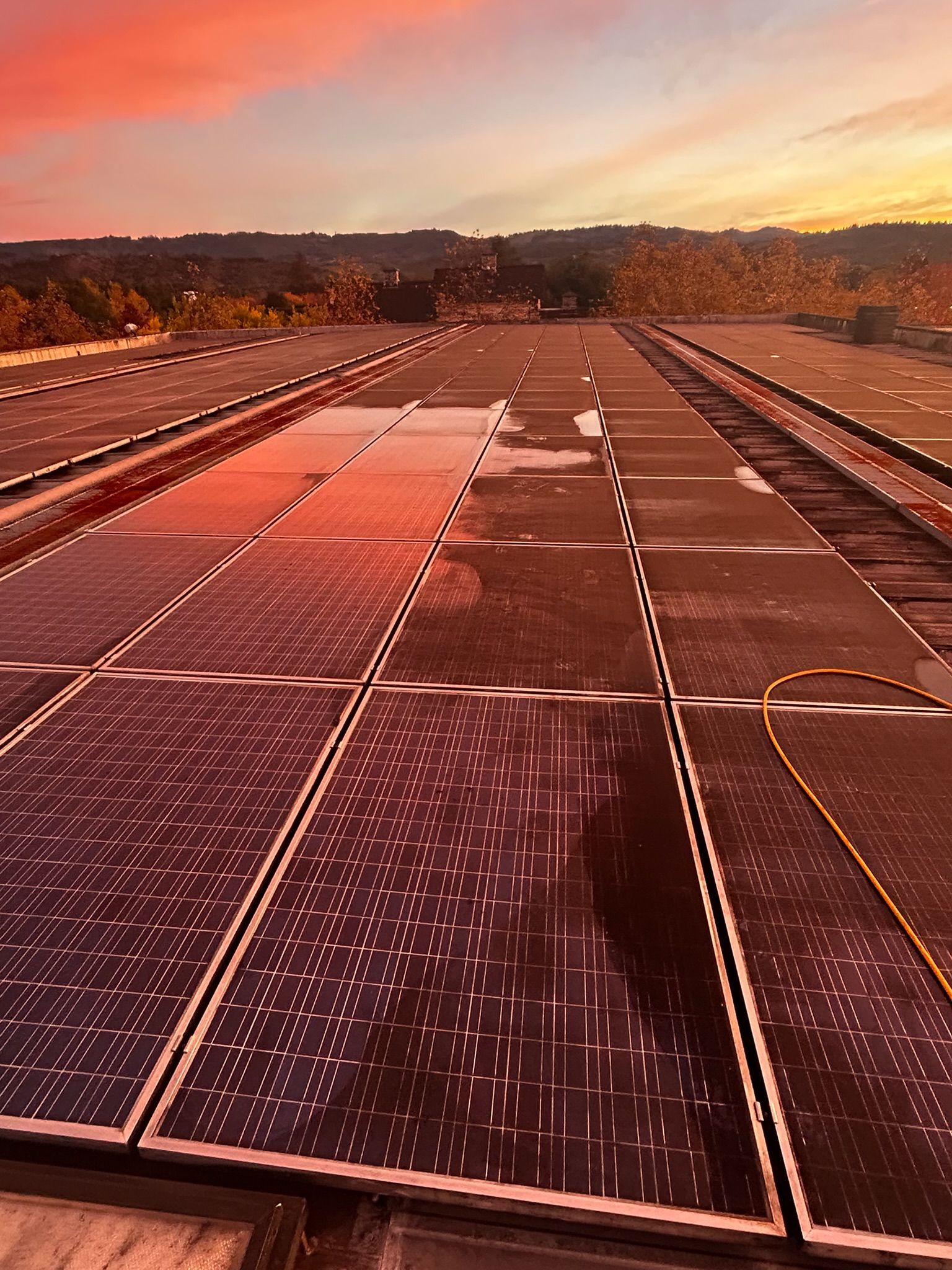 Solar panels on a roof reflecting a colorful sunset.