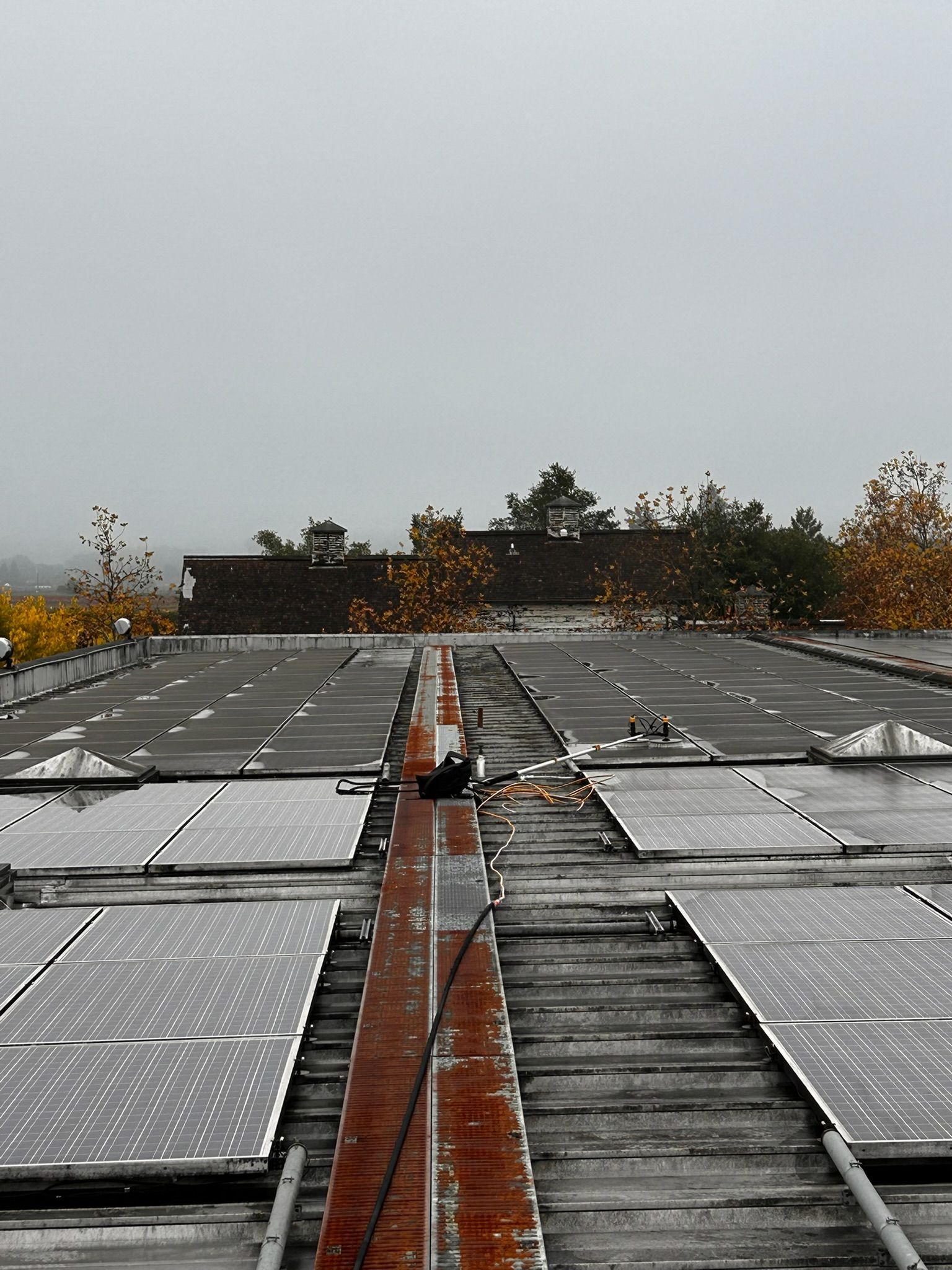 Solar panels on a building's roof with a brick chimney and fall foliage in a hazy atmosphere.