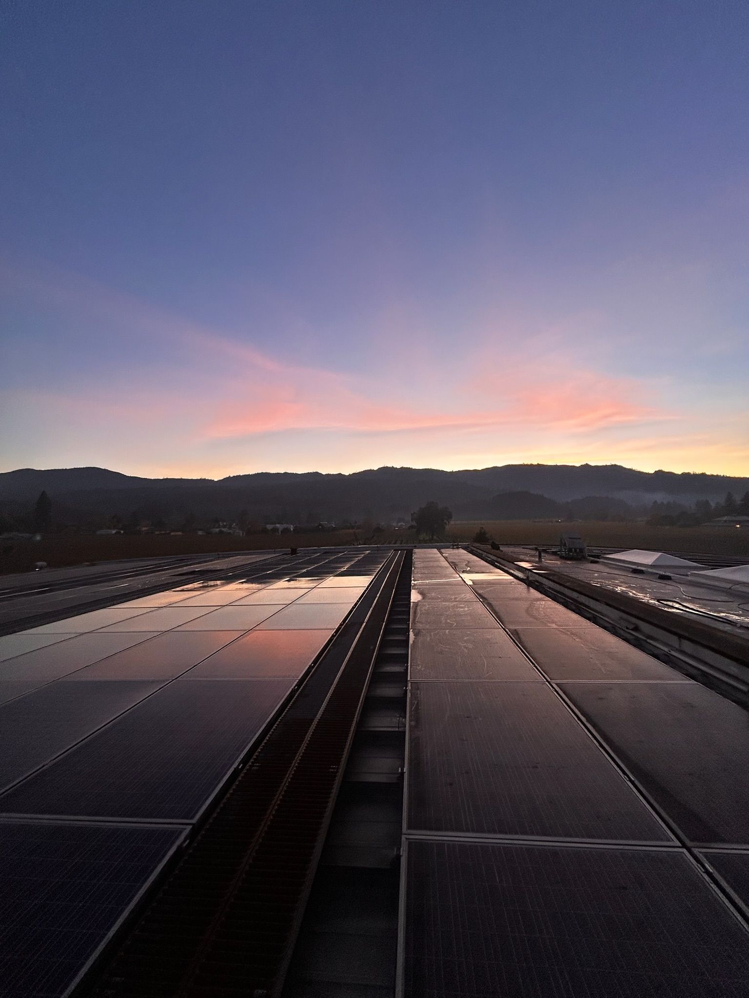 Solar panels on a roof reflecting a colorful sunrise, with a hazy horizon under a clear sky.