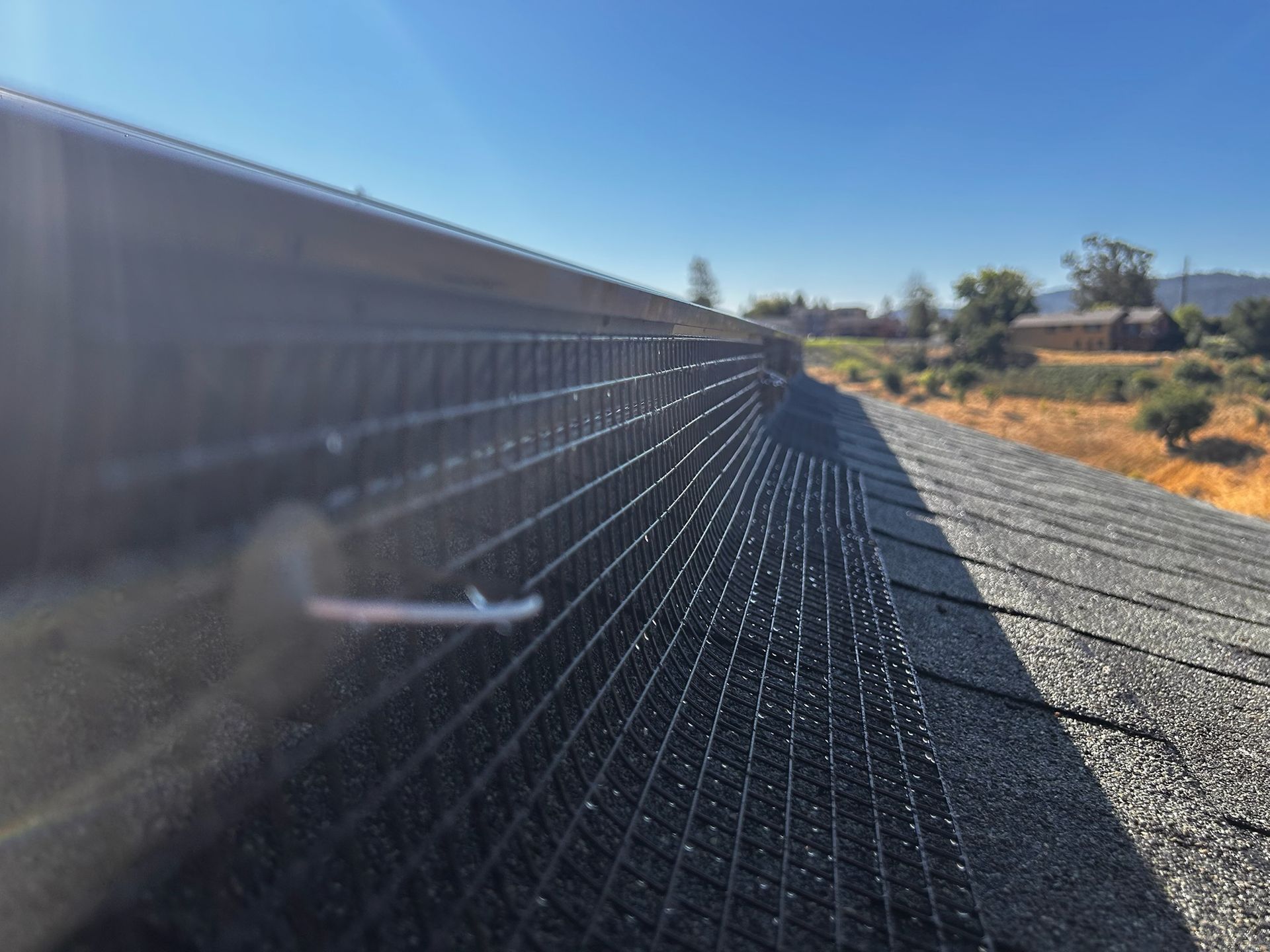 Bird netting installed on a dark rooftop to prevent birds from nesting. Clear sky in background.