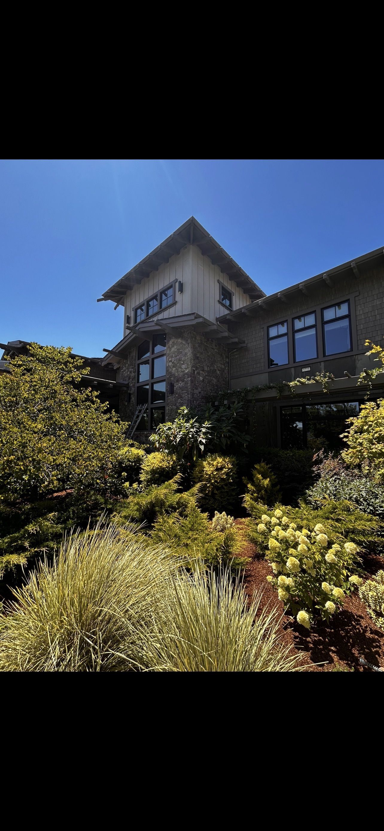 House with stone exterior and lush landscaping against a clear blue sky.