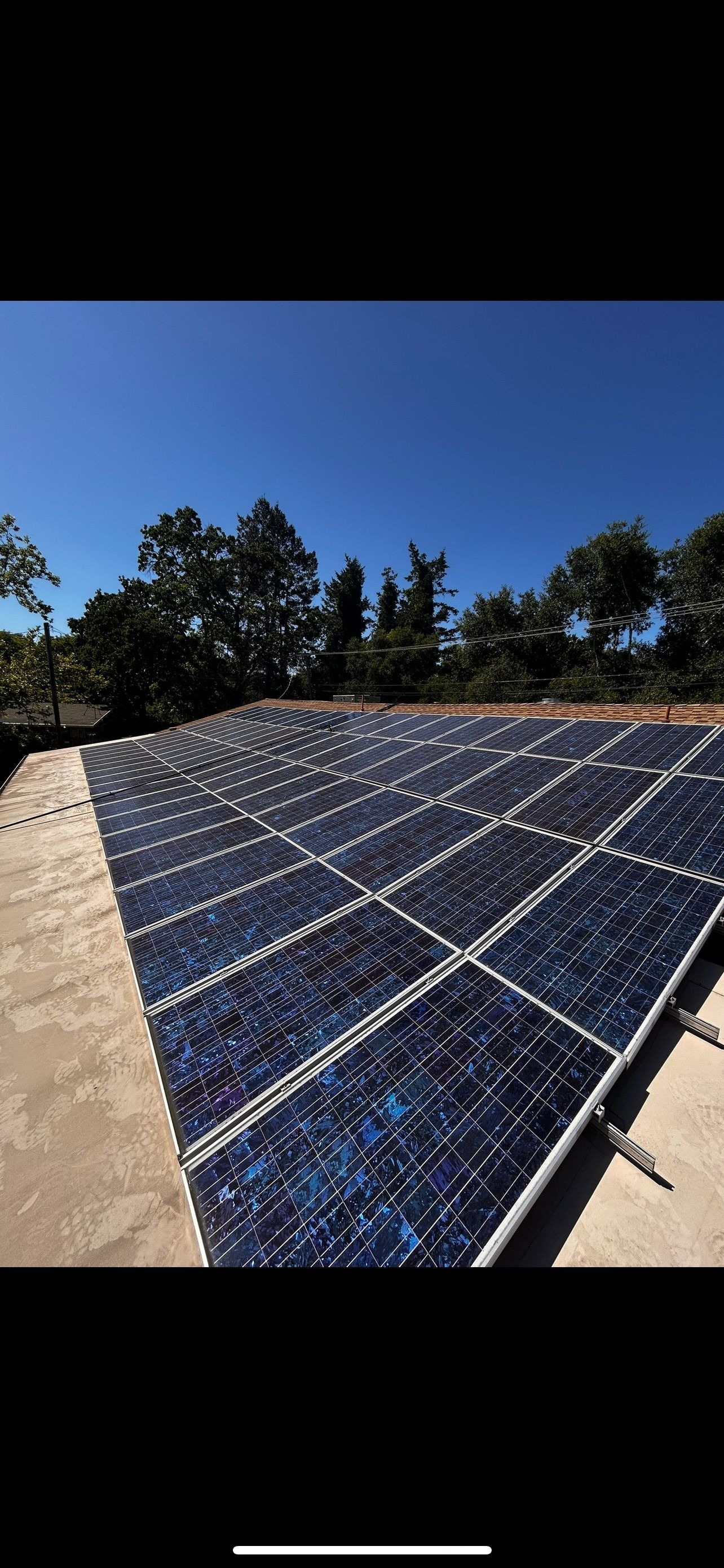 Solar panels on a roof against a blue sky, trees in the background.