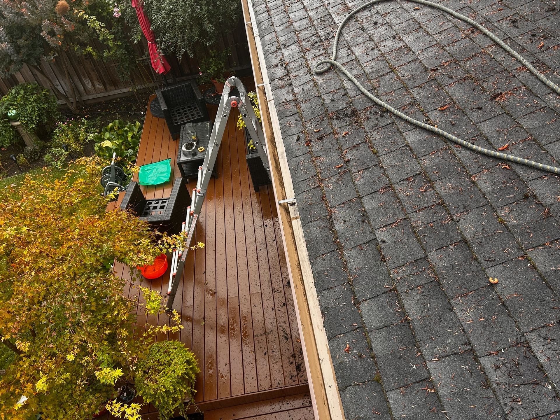 Ladder leaning against a roof; deck and yard with greenery.