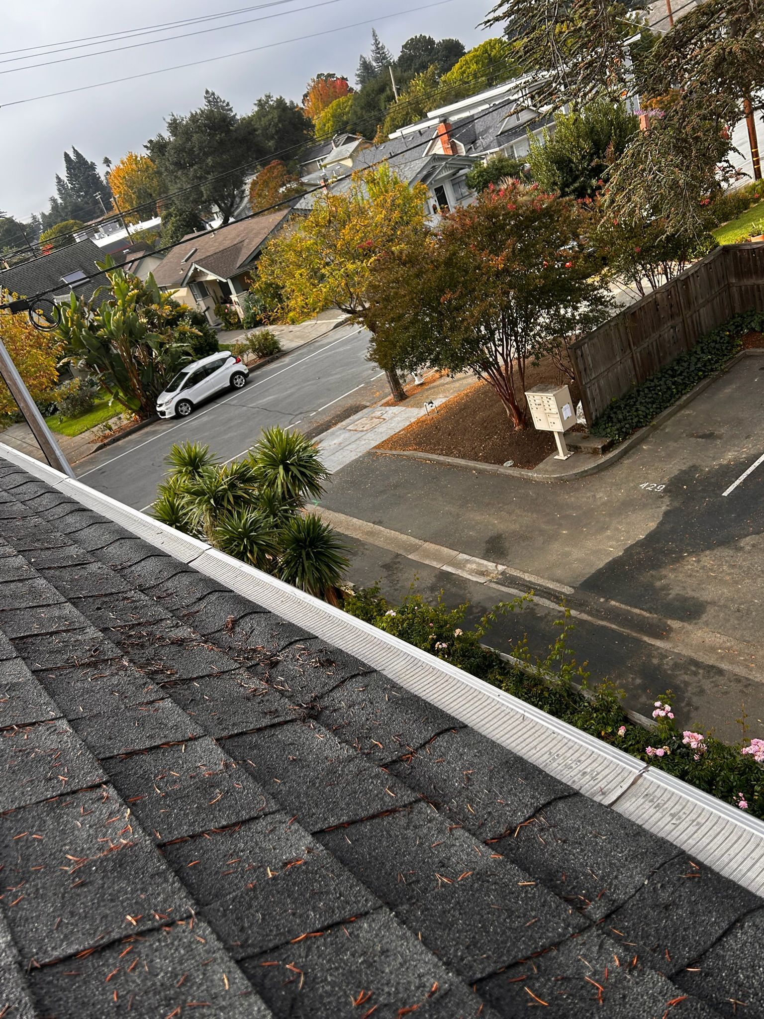 View of a rooftop with asphalt shingles, overlooking a street with a car and trees in an autumn setting.