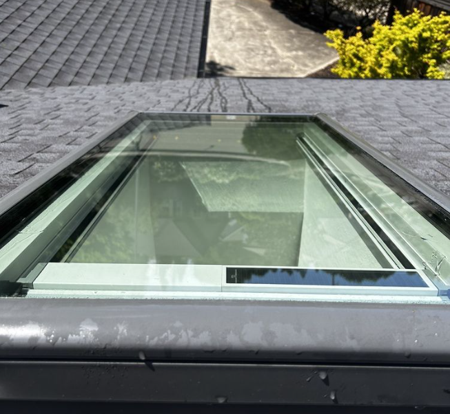 Skylight set in a dark shingled roof, showing a view of the outside.