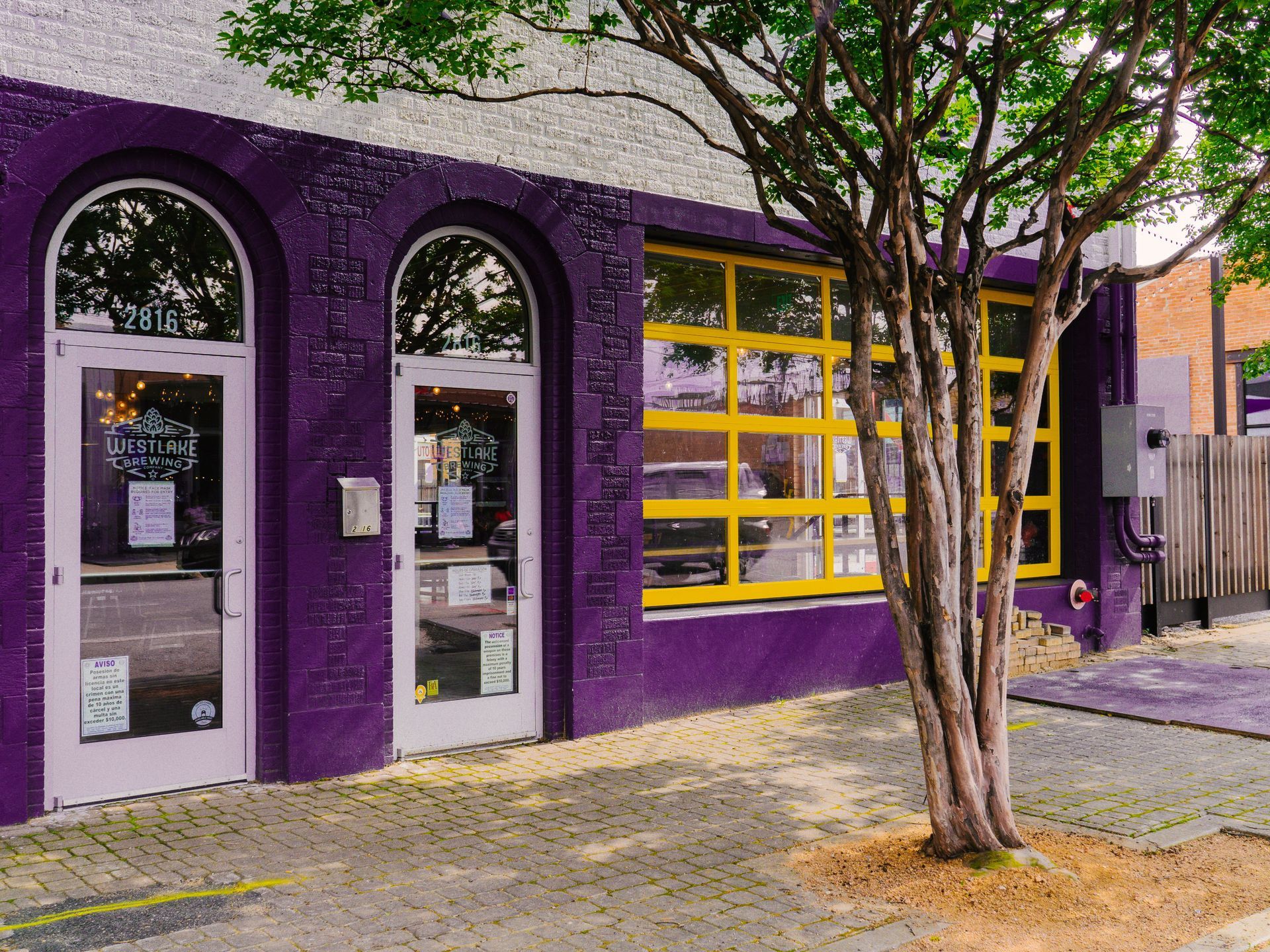 Purple storefront with arched doors, yellow window frames, and a tree on the sidewalk