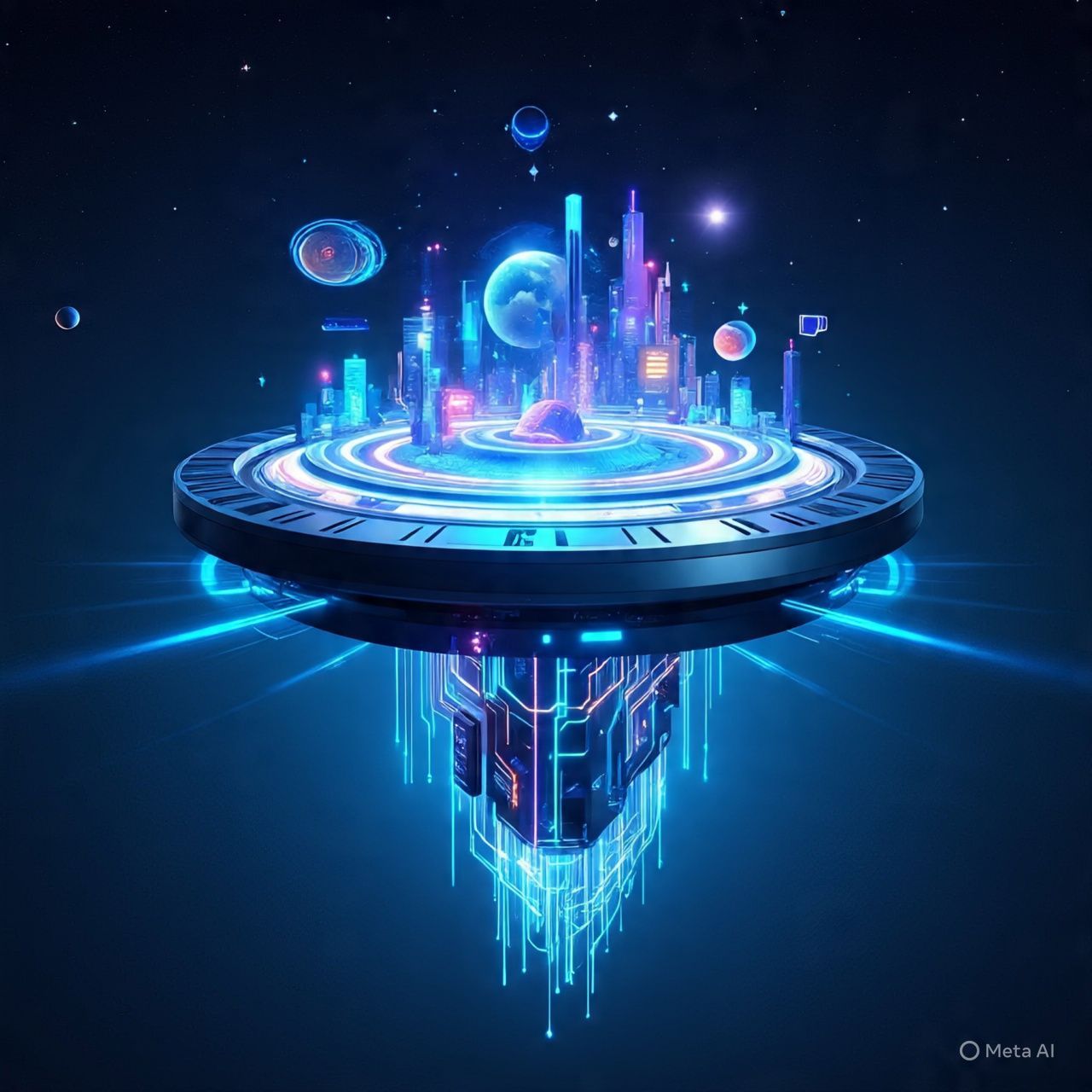 Futuristic city on a floating platform, glowing blue with neon lights. Space background.
