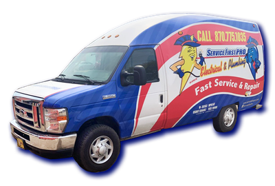 A blue and white van that says fast service and repair
