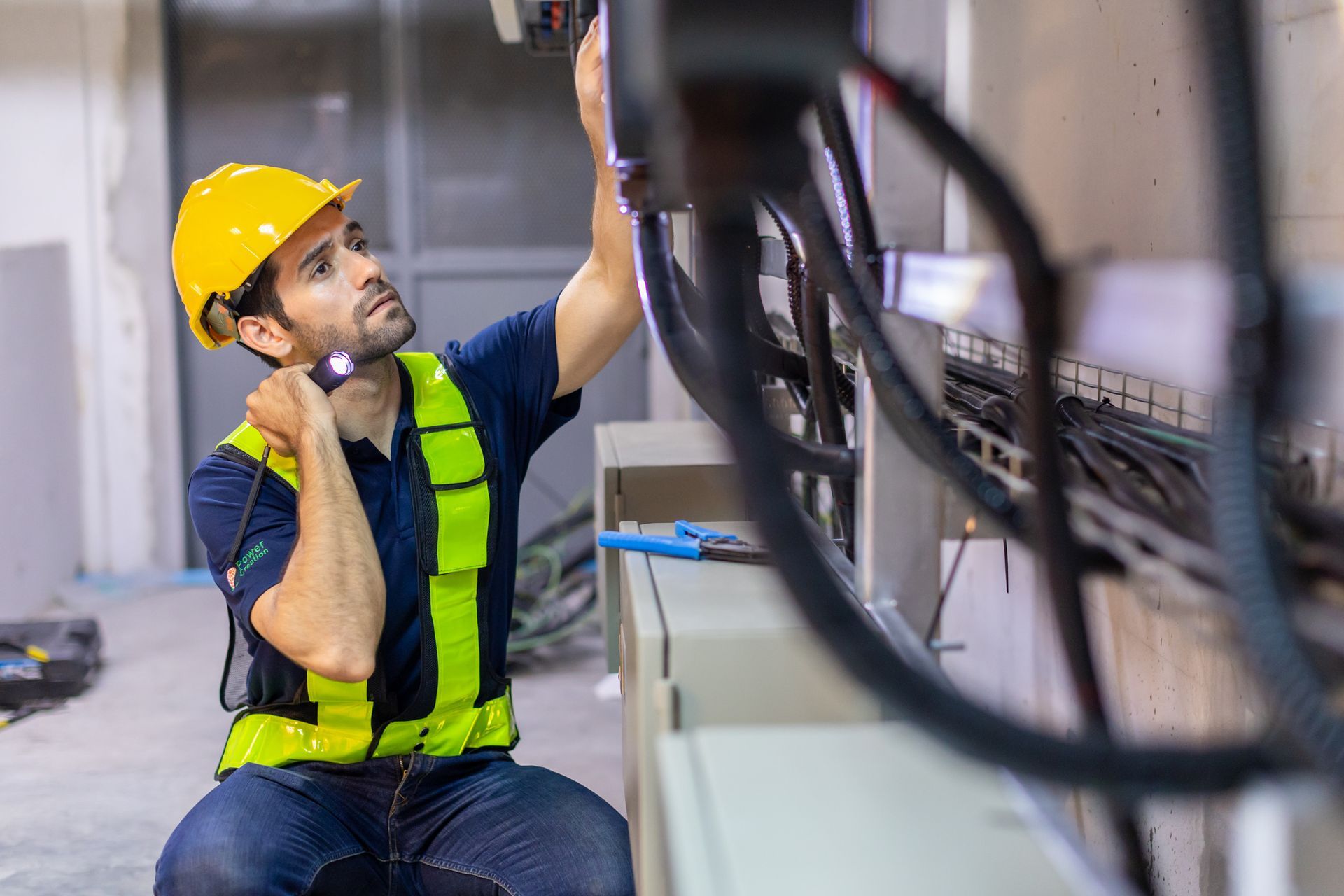 A man wearing a hard hat and safety vest is working on an electrical box.
