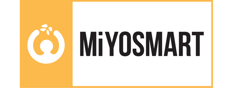 Miyosmart Logo in schwarzer Schrift auf weissem Hintergrund mit einer gelben Umrandung 