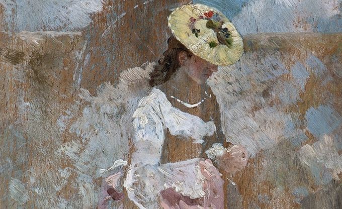 riproduzione di quadro con figura femminile con abito bianco e cappello
