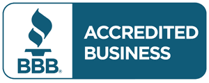 A blue sign that says accredited business on it