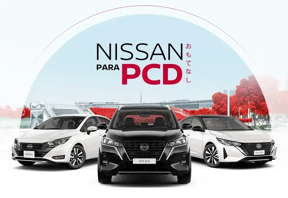 Uma caminhonete Nissan azul está dirigindo por uma estrada.