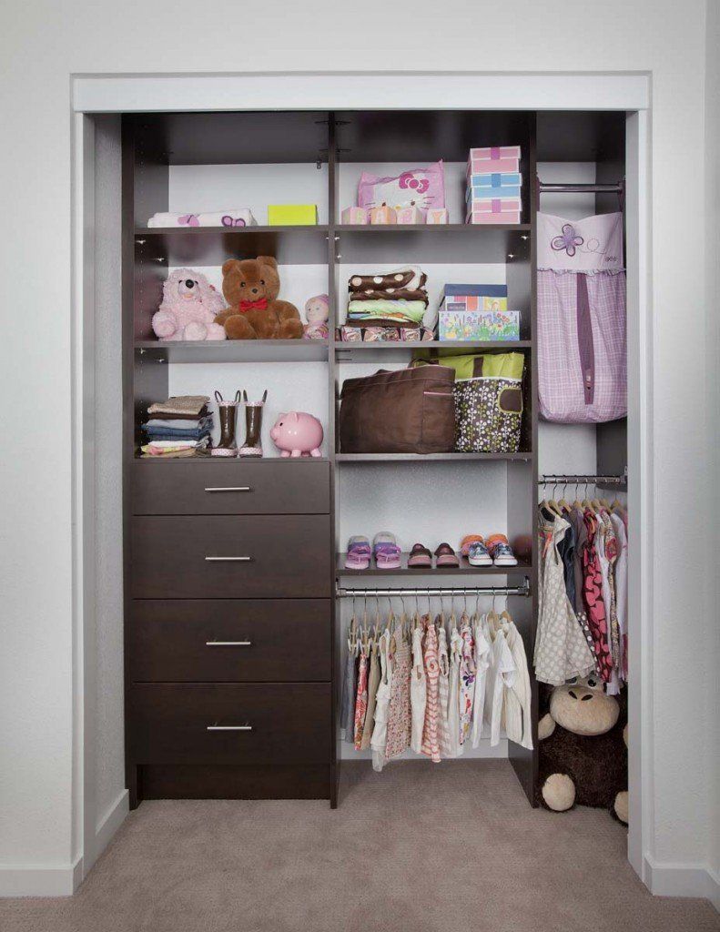 Kids custom closet system with chocolate pear finish