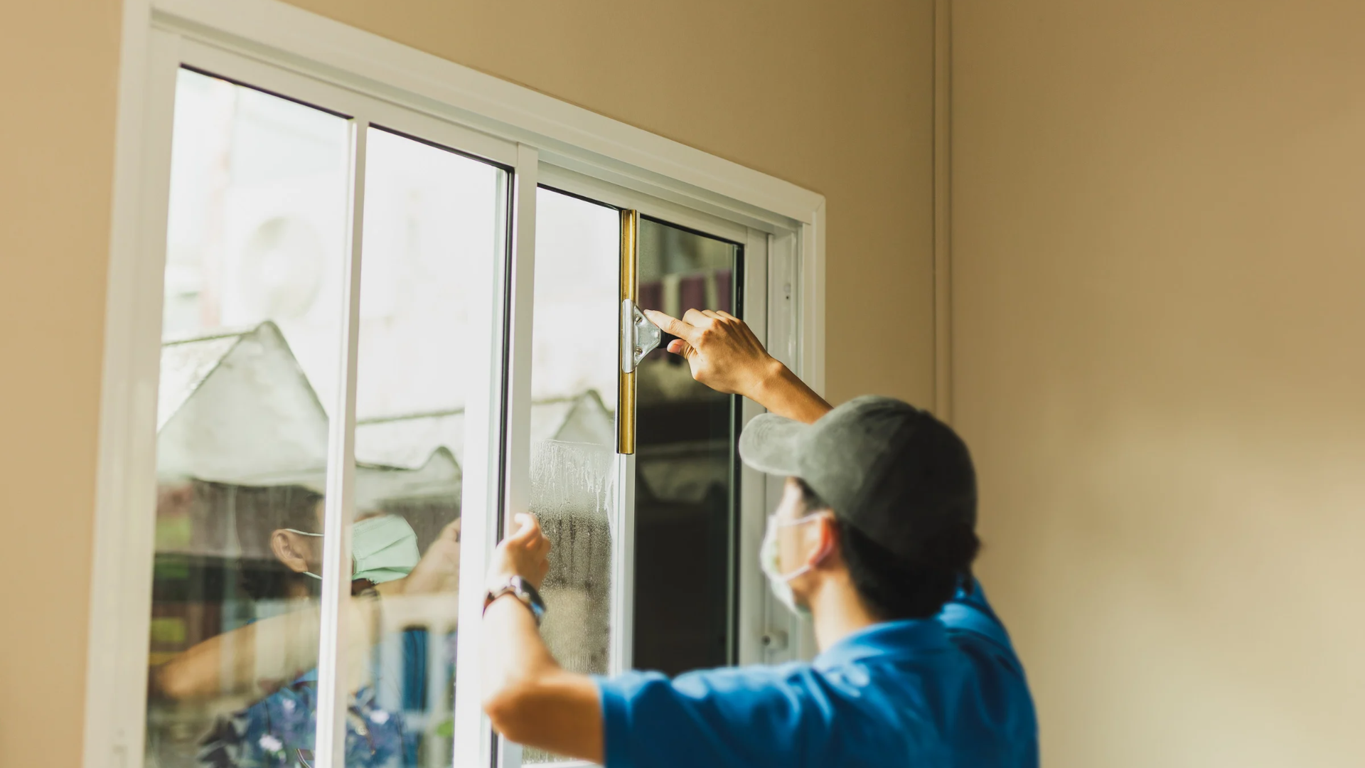 A man wearing a mask is cleaning a sliding glass door.
