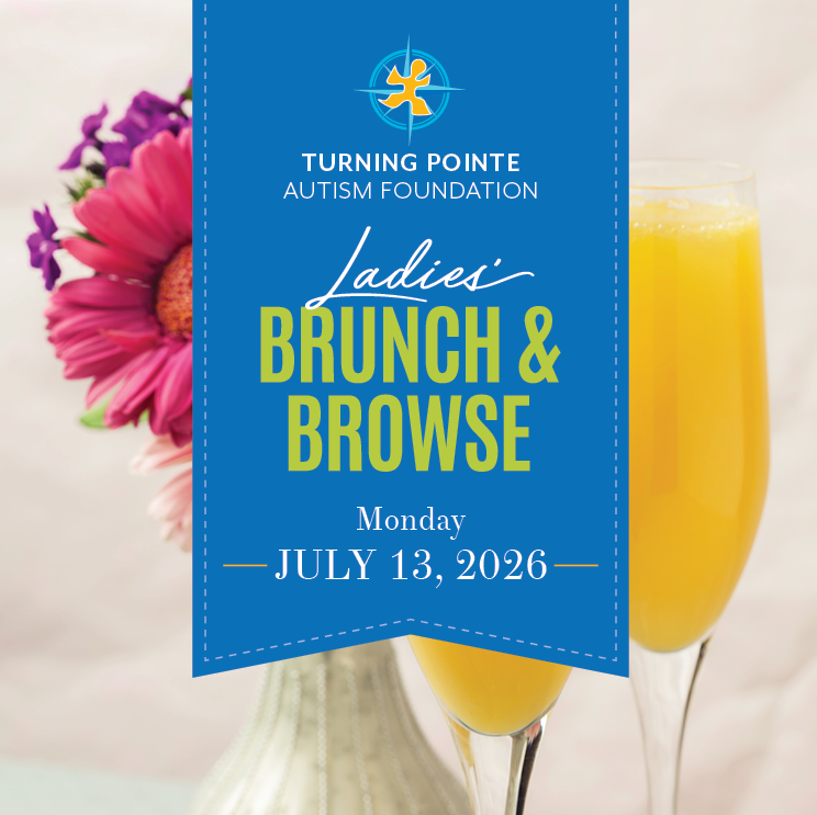 Turning Pointe Autism Foundation ladies' brunch and browse event poster with flowers and mimosas