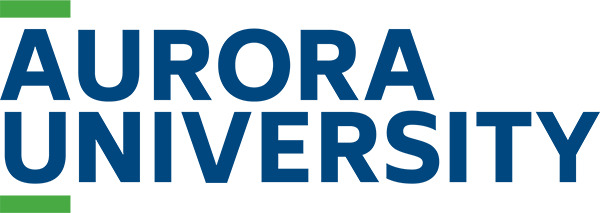 The Aurora University logo, featuring dark blue text with small green horizontal bars above and below the letter A.