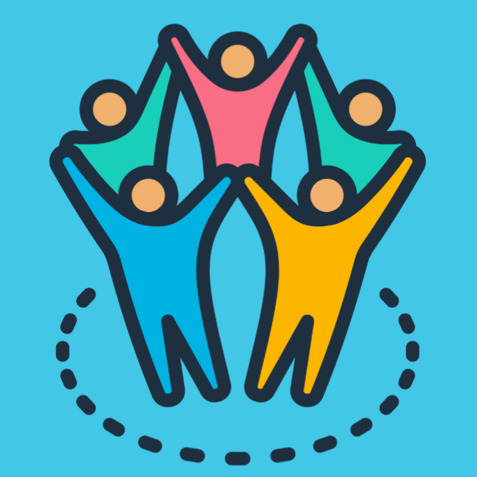 Four stylized figures in blue, pink, turquoise, and yellow reach upward toward a central point against a blue background.