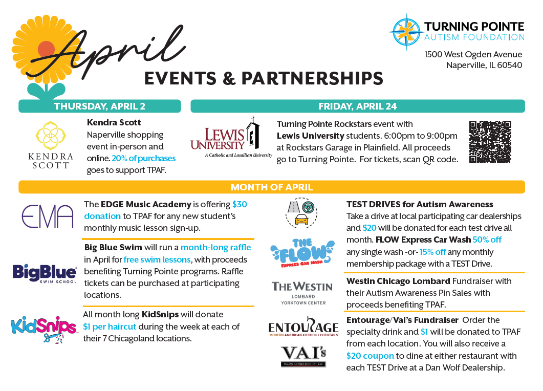 Turning Pointe Autism Foundation calendar for April events and partnerships, listing various fundraising opportunities.