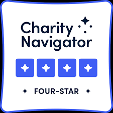 Charity Navigator four-star rating badge with blue icons and text on a white background.