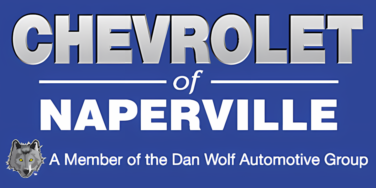 Blue logo for Chevrolet of Naperville, a member of the Dan Wolf Automotive Group, featuring a wolf head icon.