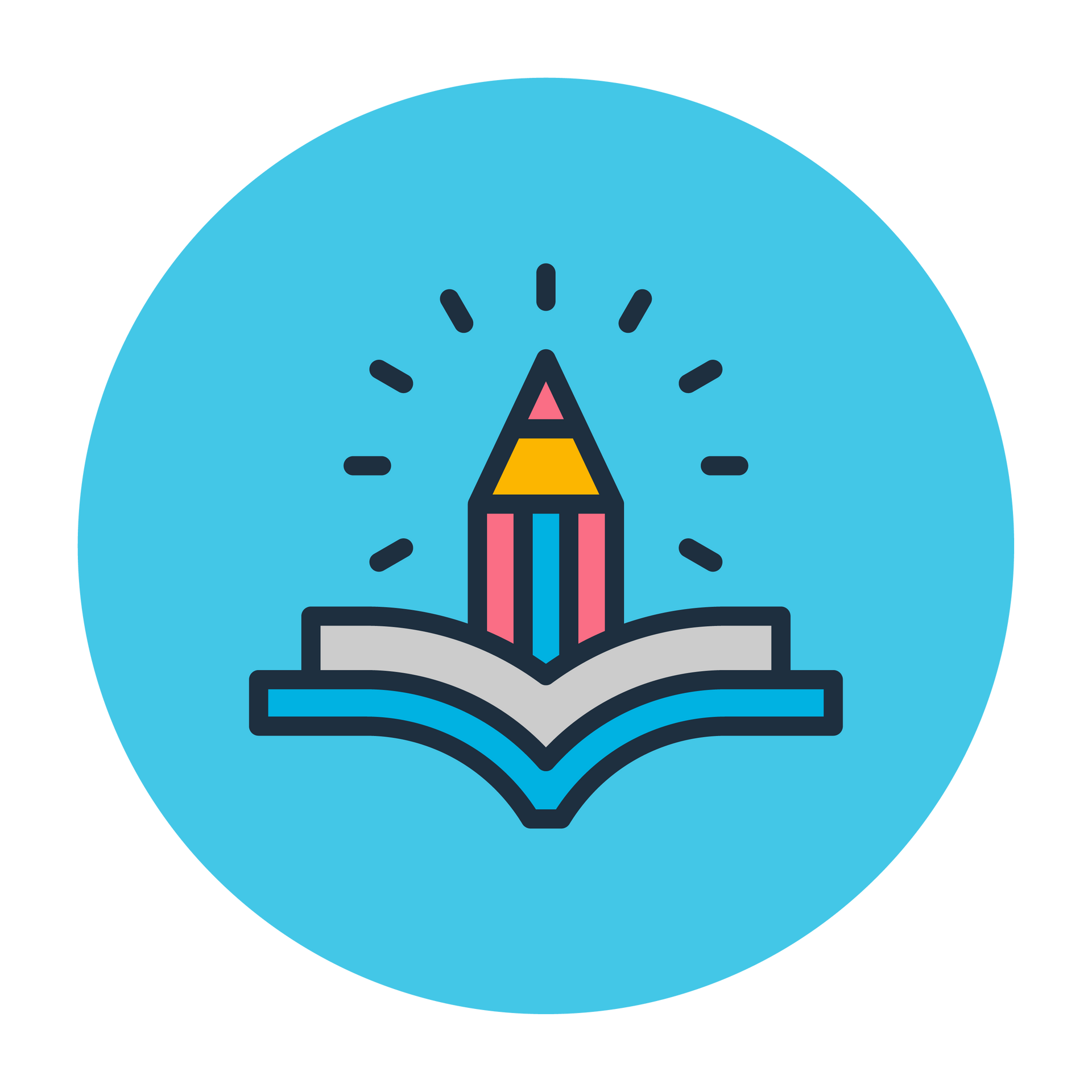 A colorful icon of a pencil standing upright in an open book, surrounded by radiating lines on a blue circular background.