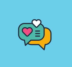 Two overlapping speech bubbles on a light blue background; the top one is teal with a pink heart and horizontal lines.