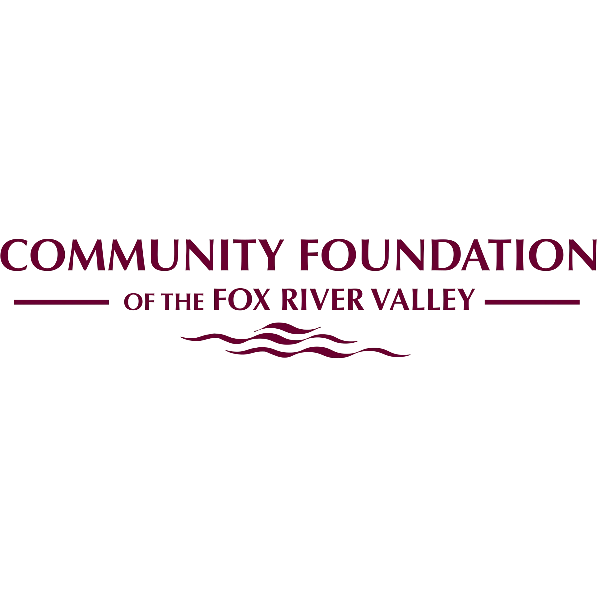 Logo of the Community Foundation of the Fox River Valley with dark red text and a stylized river wave graphic.