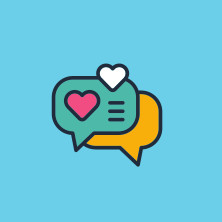 Two overlapping speech bubbles on a blue background: a teal one with a pink heart and lines, and a solid yellow one.