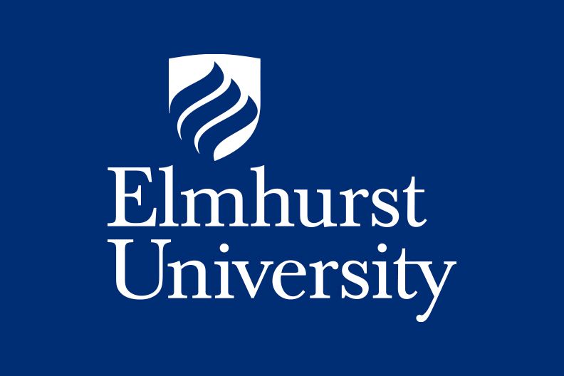 The Elmhurst University logo: a white shield containing a stylized flame symbol above the text on a navy blue background.