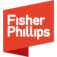 The Fisher Phillips logo featuring white text on a red, folded-ribbon-shaped background.