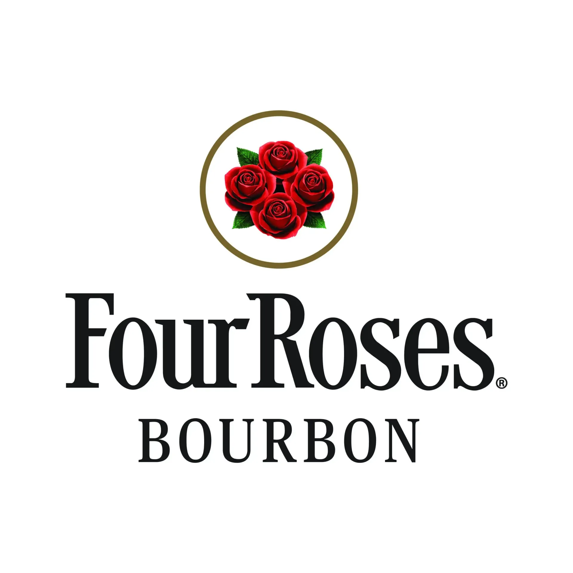 Four Roses Bourbon logo featuring a circular emblem with four red roses above the brand name in black text on white.