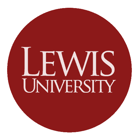The Lewis University logo: white text on a solid red circular background.