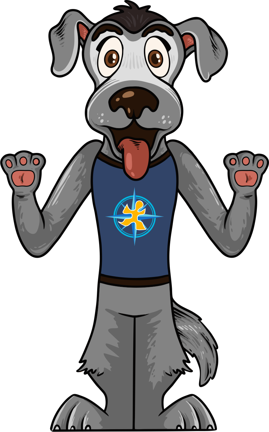 A cartoon grey dog with a happy expression, wearing a blue tank top with a gold logo, standing with paws raised.