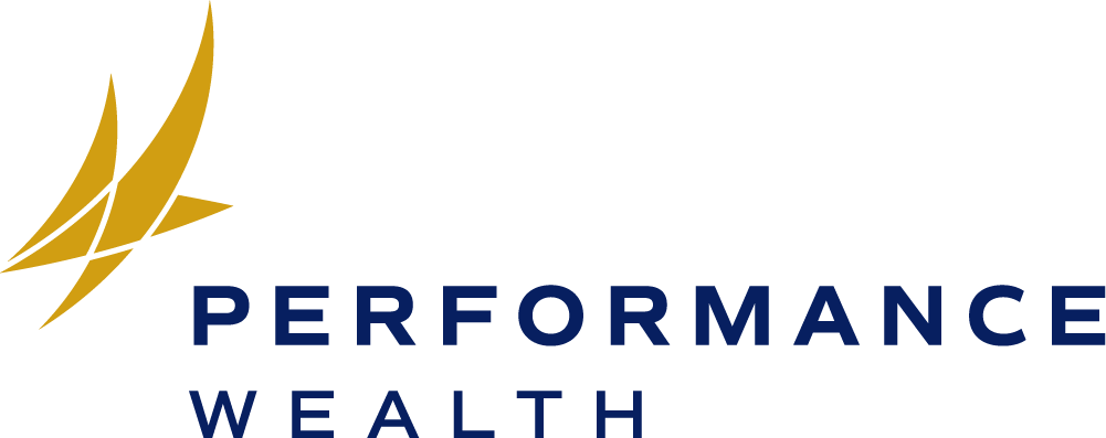 Logo for Performance Wealth featuring a golden abstract flame icon next to the dark blue text 