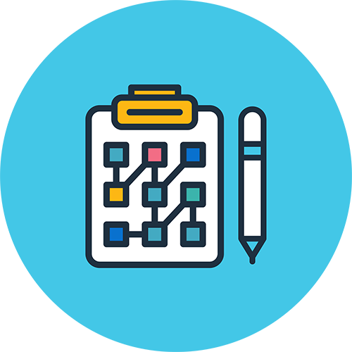 A stylized icon on a blue circle showing a clipboard with a diagram of connected squares next to a pen.