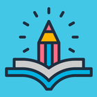 A stylized, colorful icon of an open book with a pencil standing upright in the center, surrounded by radiating lines.