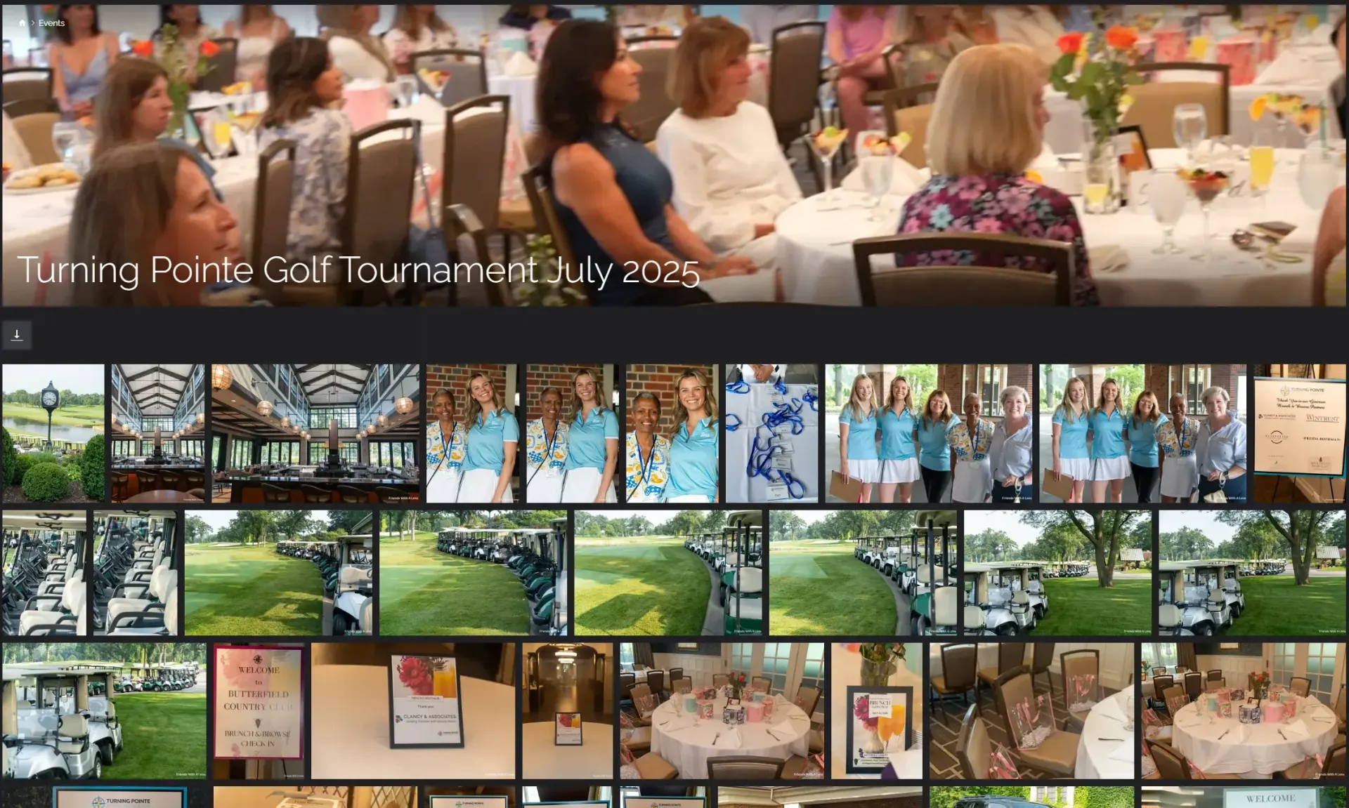 A collage of photos documenting the Turning Pointe Golf Tournament, featuring banquet tables and groups of golfers.