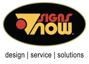 The Signs Now logo features a black oval with a yellow triangle, a red circle, and the words 