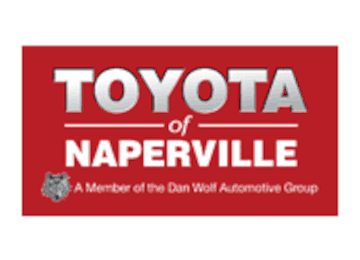 Logo for Toyota of Naperville, featuring white text on a red background with a wolf icon, part of Dan Wolf Automotive.