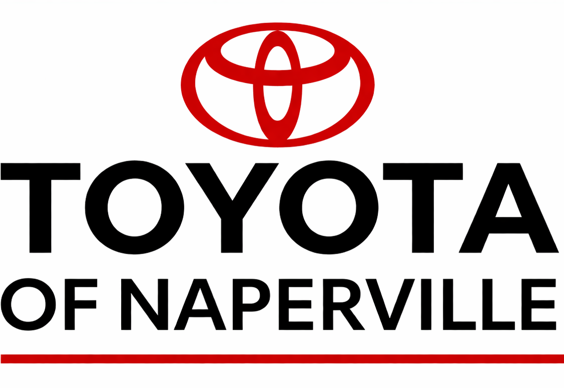 Logo for Toyota of Naperville, featuring white text on a red background with a wolf icon, part of Dan Wolf Automotive.
