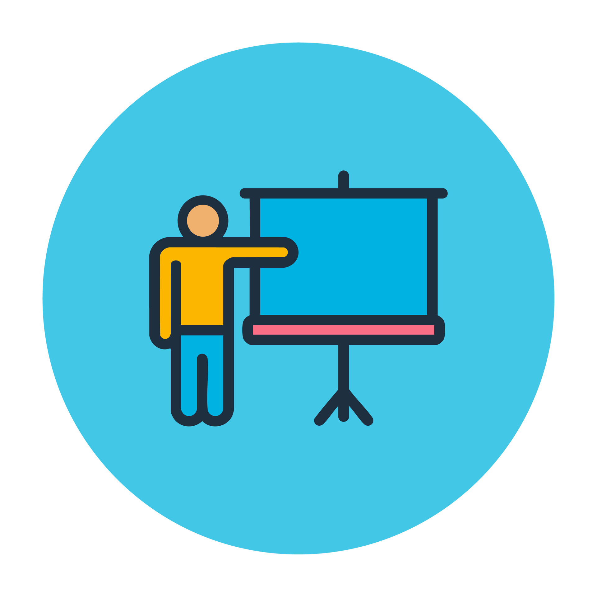 A stylized icon of a person pointing to a blue presentation board on a tripod, set against a light blue circular background.