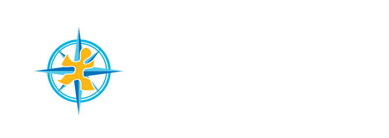 A compass logo featuring a stylized blue circular frame with a yellow, puzzle-piece-shaped center.