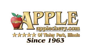 Logo for Apple Chevrolet in Tinley Park, Illinois, featuring a red apple with a gold bowtie emblem and five gold stars.