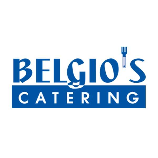 Blue logo for Belgio's Catering with text and a small fork icon on a white background.