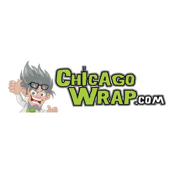 Logo for ChicagoWrap.com featuring a cartoon character in a white coat gesturing with both hands next to lime green text.