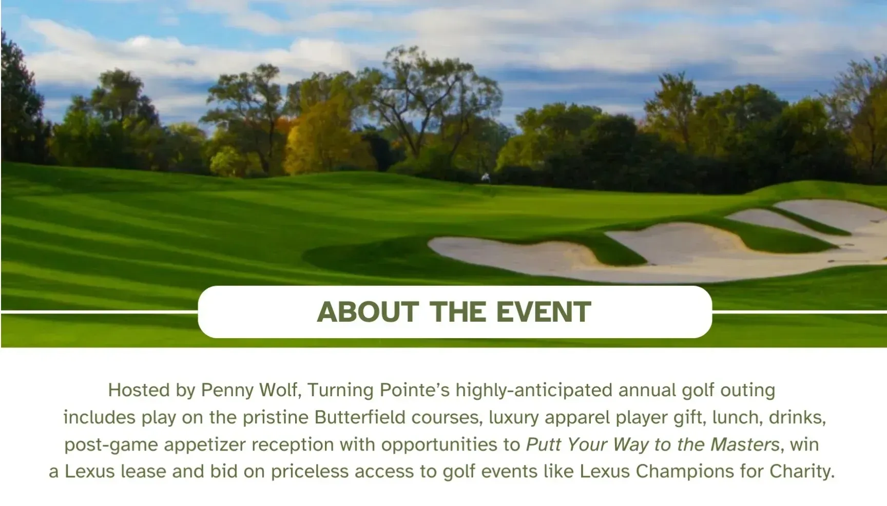 A golf course with a green, sand bunker, and trees, with text overlaying the bottom section about a golf charity event.