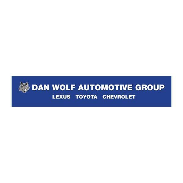 Blue rectangular logo for Dan Wolf Automotive Group with a wolf head icon, featuring Lexus, Toyota, and Chevrolet text.