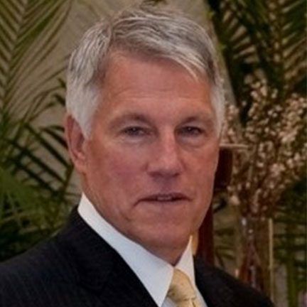A man with grey hair wearing a dark pinstripe suit, white shirt, and gold tie against a background of foliage.